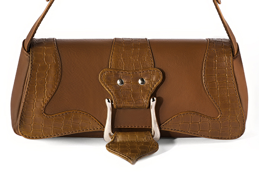 Caramel brown women's dress handbag, matching pumps and belts. Profile view - Florence KOOIJMAN